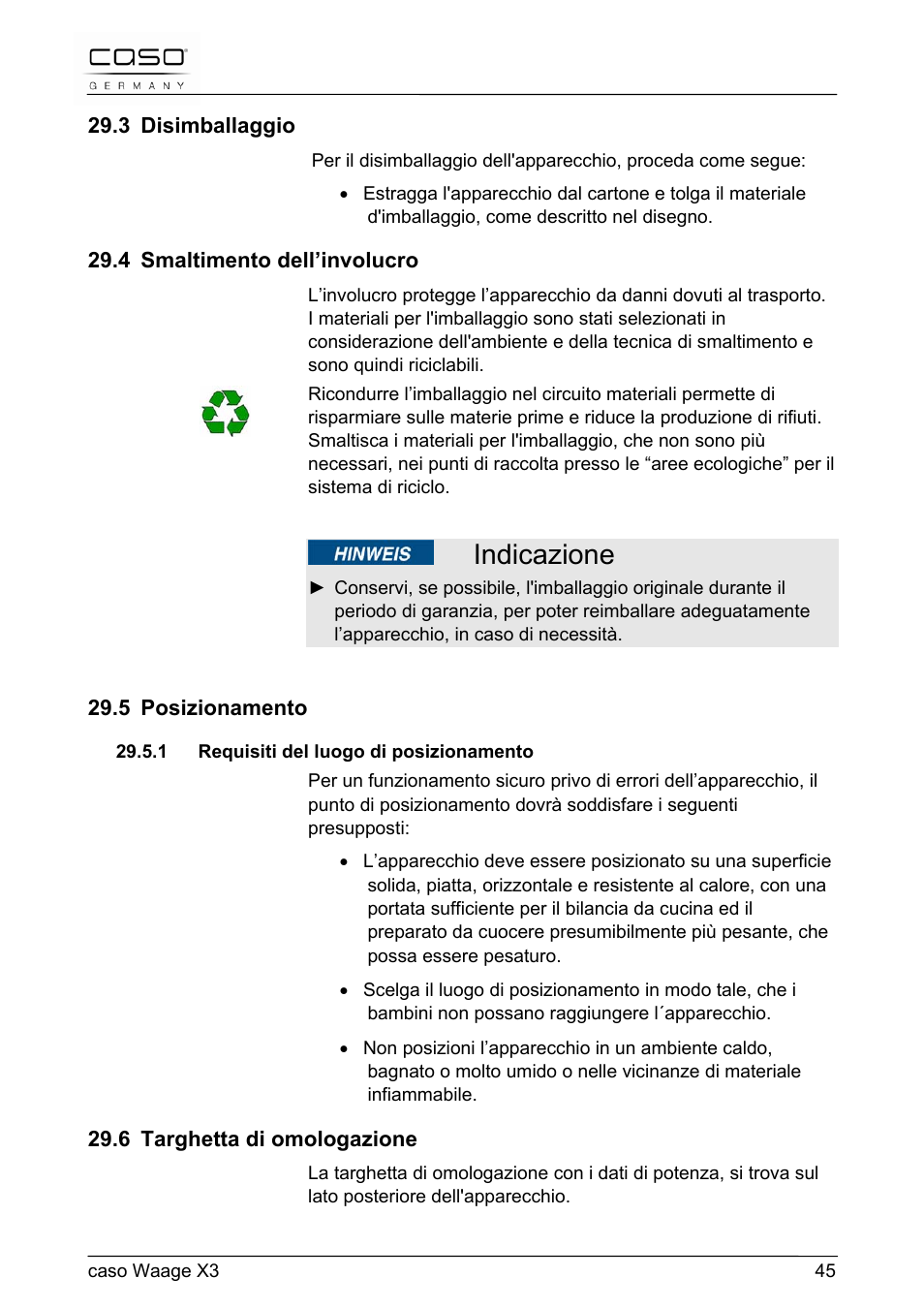 Indicazione | CASO Germany Scale X3 User Manual | Page 45 / 51