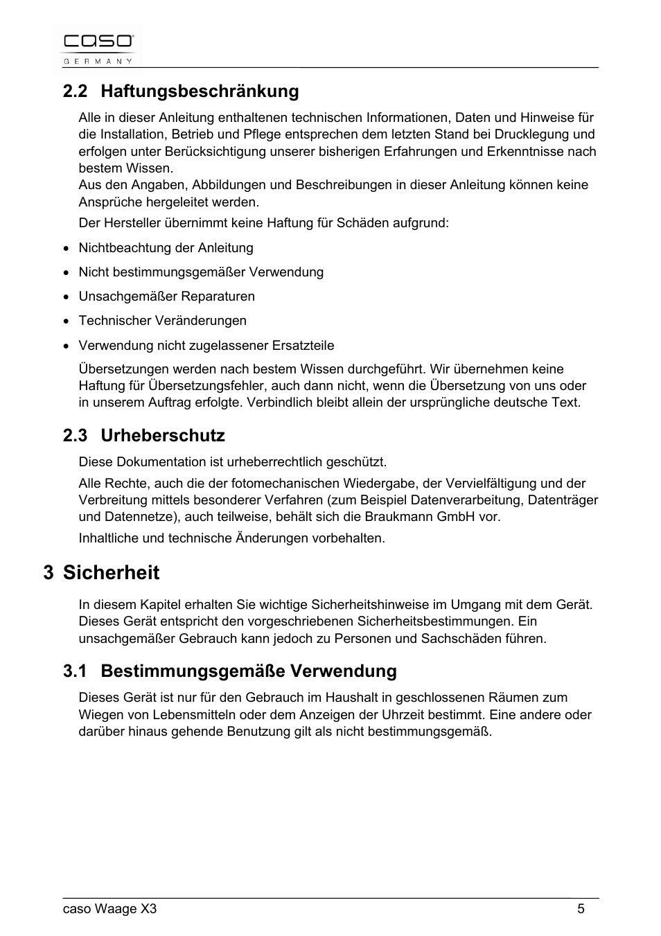 3 sicherheit, 2 haftungsbeschränkung, 3 urheberschutz | 1 bestimmungsgemäße verwendung | CASO Germany Scale X3 User Manual | Page 5 / 51