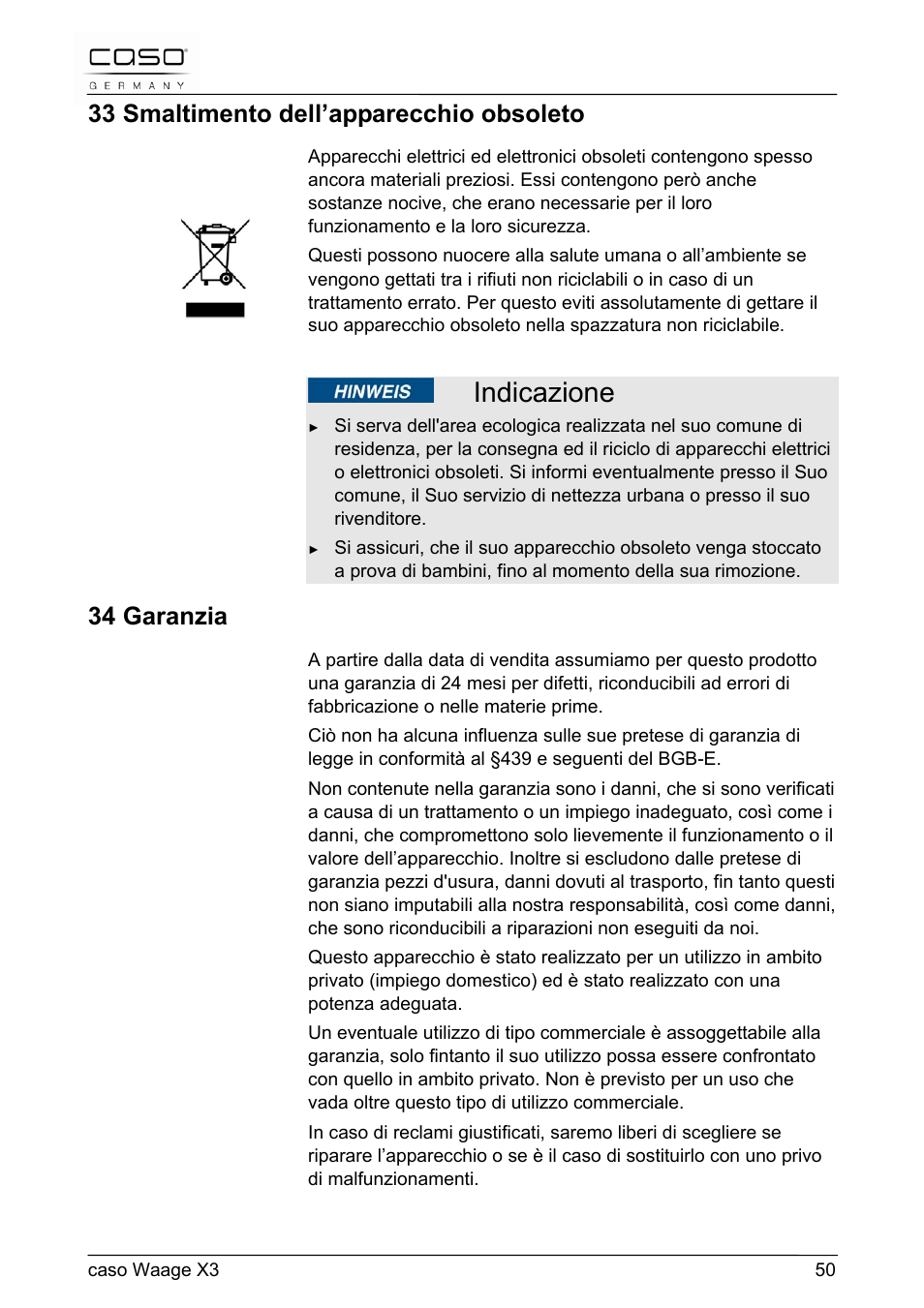 Indicazione, 33 smaltimento dell’apparecchio obsoleto, 34 garanzia | CASO Germany Scale X3 User Manual | Page 50 / 51