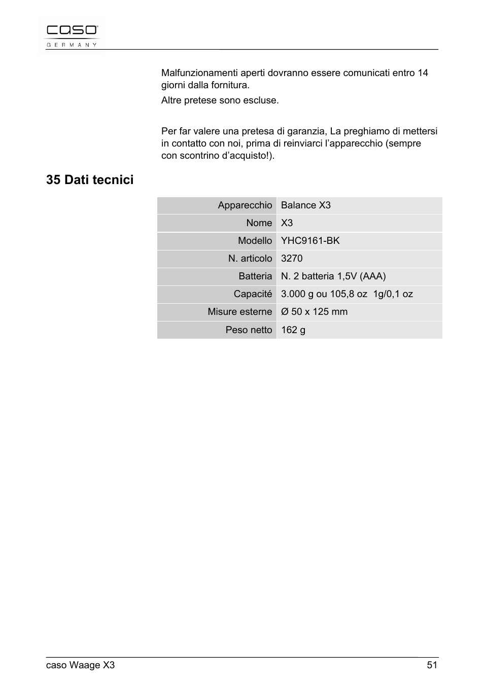 35 dati tecnici | CASO Germany Scale X3 User Manual | Page 51 / 51