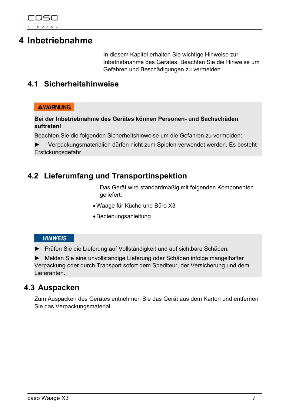 4 inbetriebnahme, 1 sicherheitshinweise, 2 lieferumfang und transportinspektion | 3 auspacken | CASO Germany Scale X3 User Manual | Page 7 / 51
