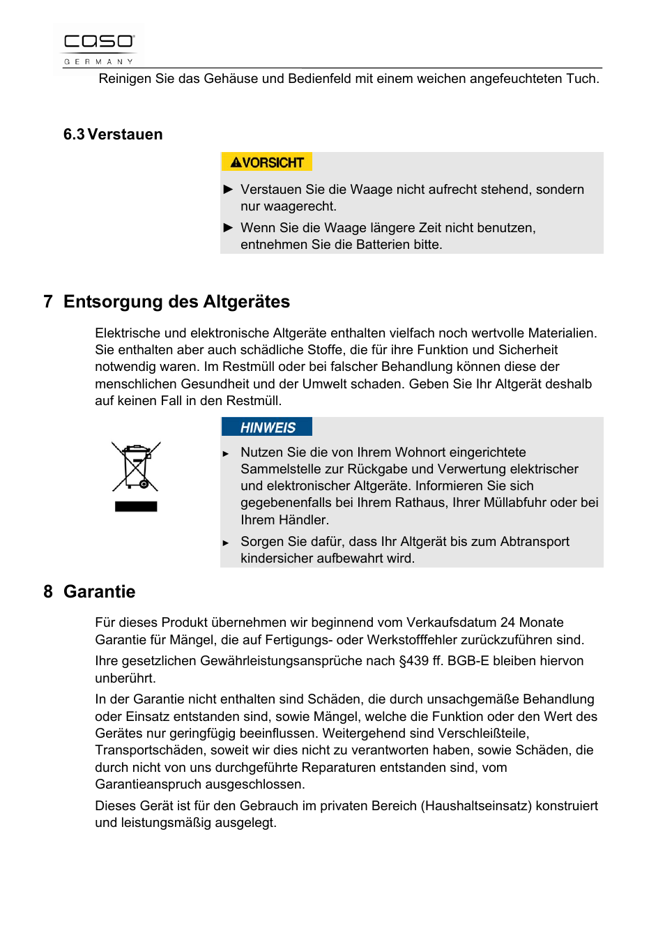 7 entsorgung des altgerätes, 8 garantie | CASO Germany Scale C5 User Manual | Page 10 / 47