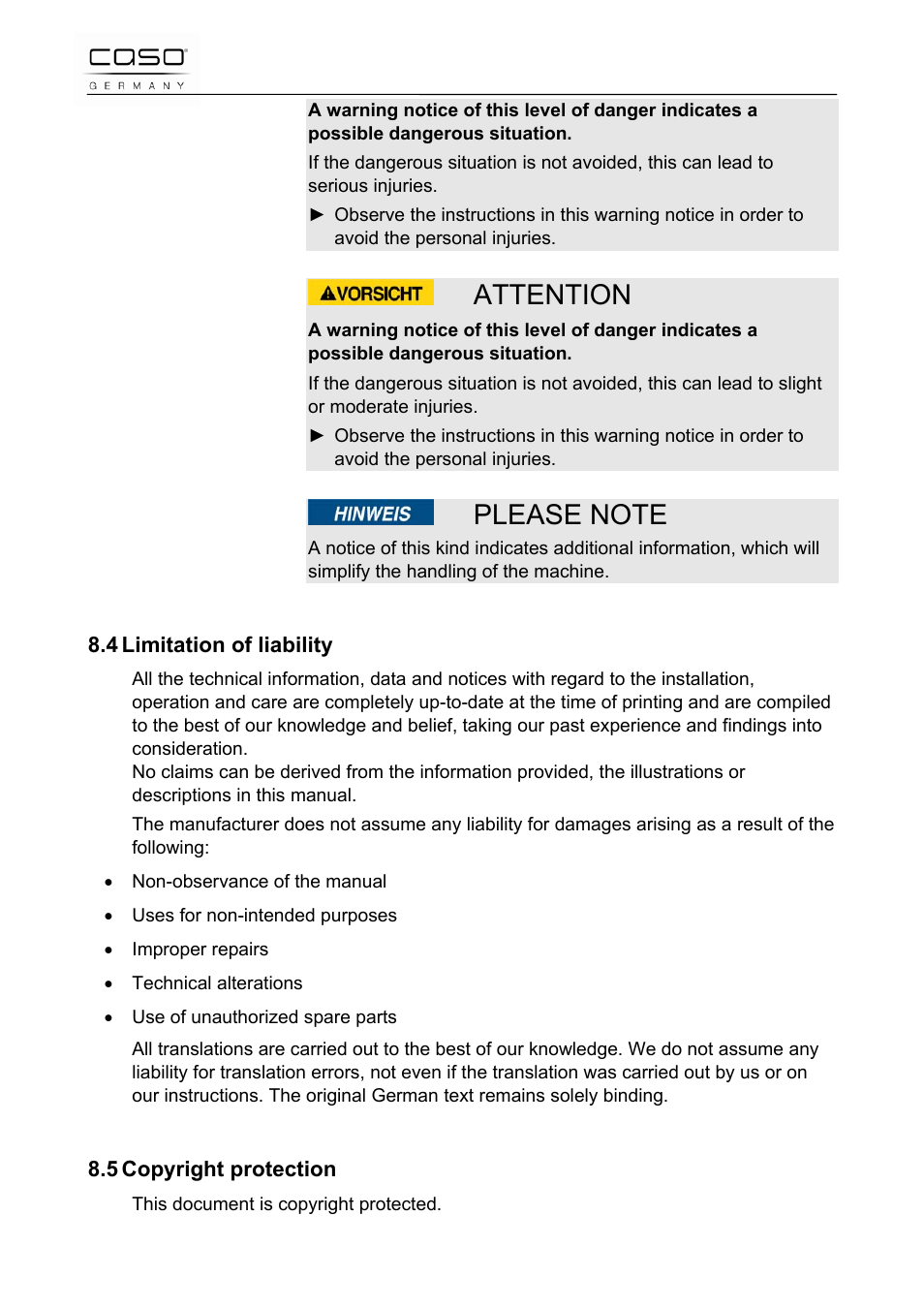 Attention | CASO Germany Scale C5 User Manual | Page 12 / 47