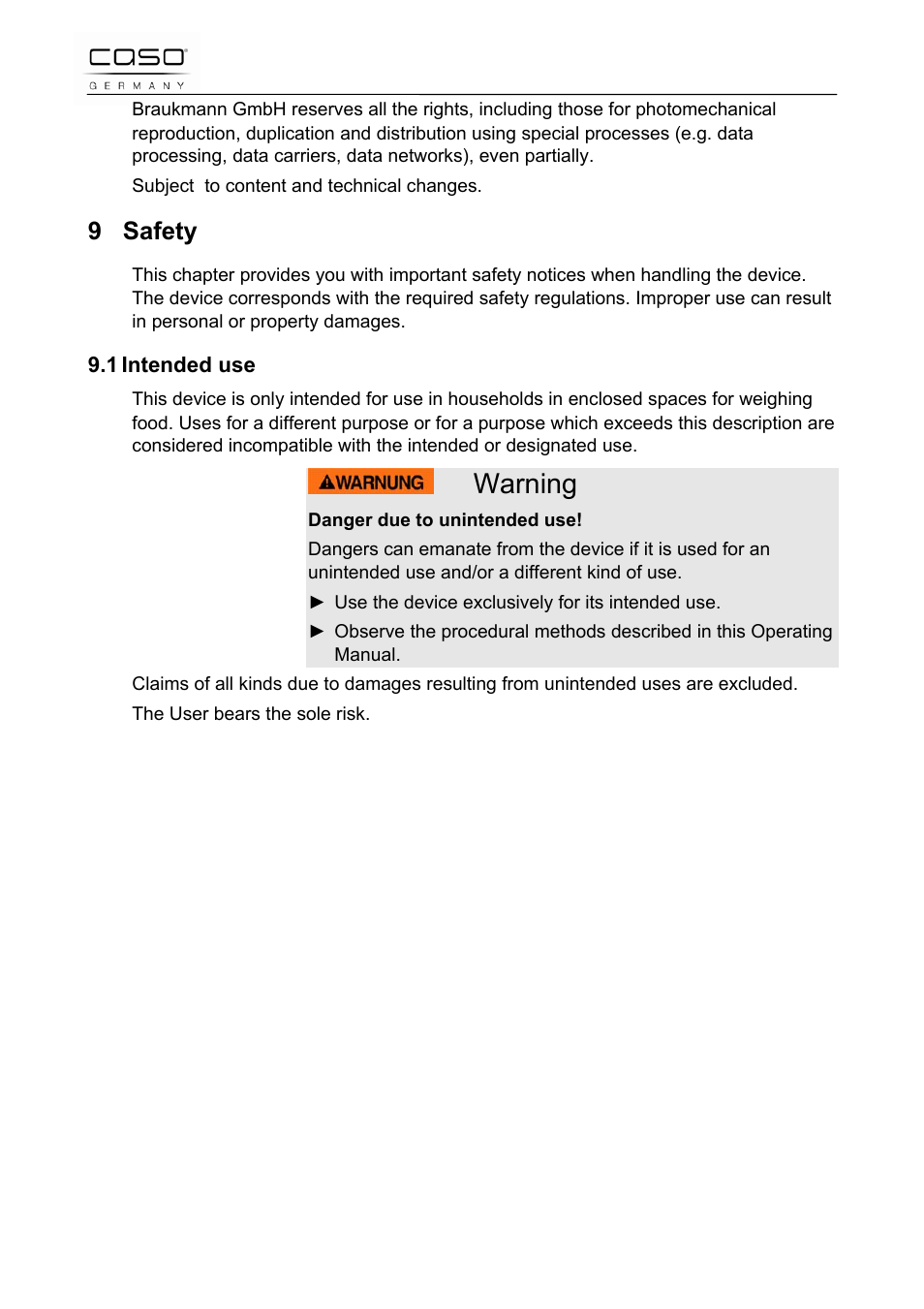 Warning, 9 safety | CASO Germany Scale C5 User Manual | Page 13 / 47