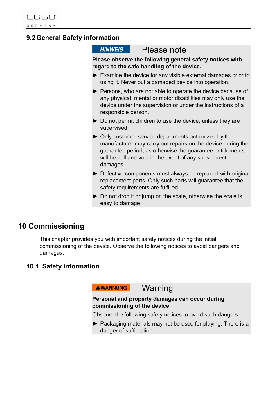 Warning, 10 commissioning | CASO Germany Scale C5 User Manual | Page 14 / 47
