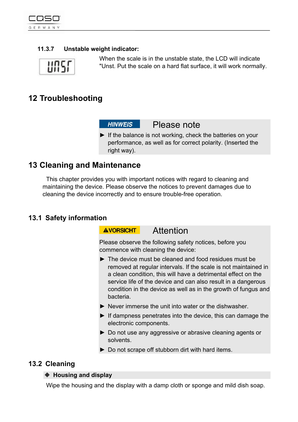 Attention, 12 troubleshooting, 13 cleaning and maintenance | CASO Germany Scale C5 User Manual | Page 18 / 47