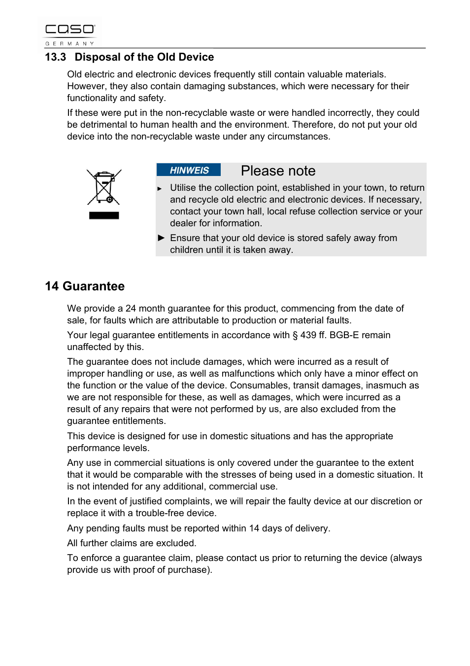 14 guarantee | CASO Germany Scale C5 User Manual | Page 19 / 47