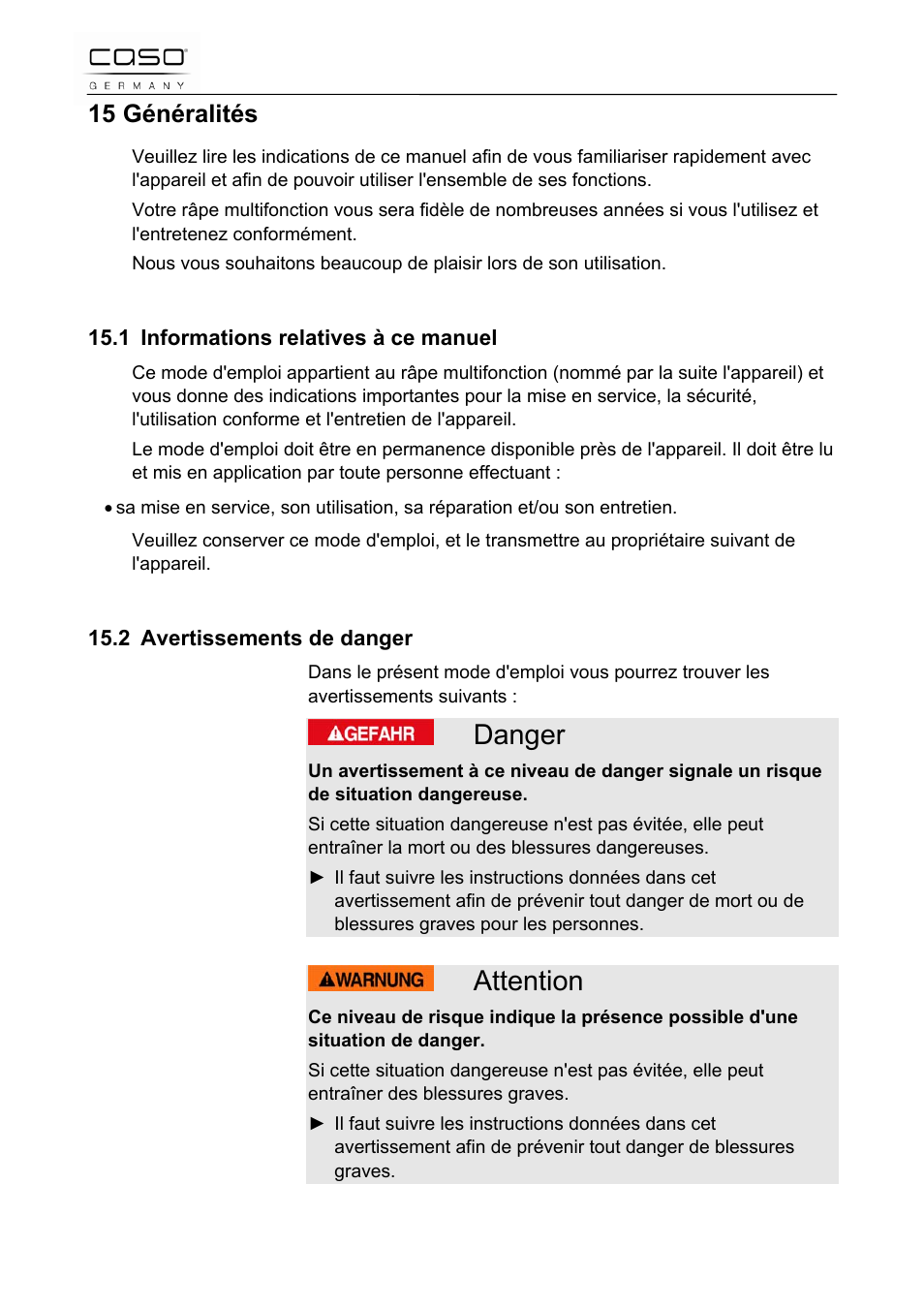 Danger, Attention, 15 généralités | CASO Germany Scale C5 User Manual | Page 20 / 47