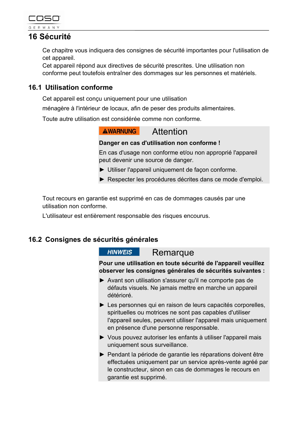 Attention, Remarque, 16 sécurité | CASO Germany Scale C5 User Manual | Page 22 / 47