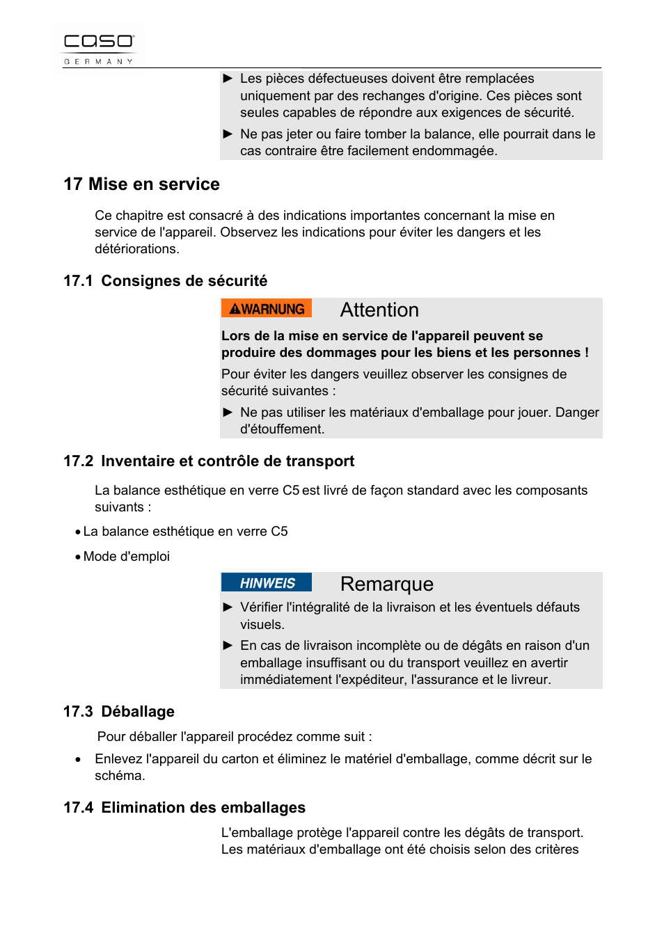 Attention, Remarque, 17 mise en service | CASO Germany Scale C5 User Manual | Page 23 / 47