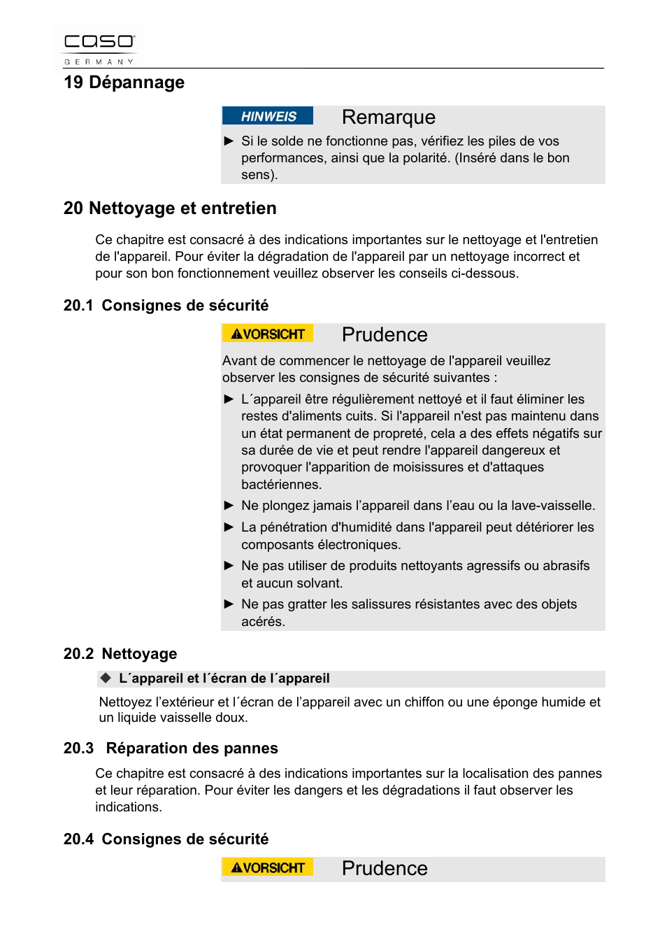 Remarque, Prudence, 19 dépannage | 20 nettoyage et entretien | CASO Germany Scale C5 User Manual | Page 27 / 47