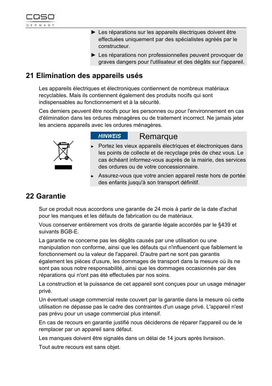Remarque, 21 elimination des appareils usés, 22 garantie | CASO Germany Scale C5 User Manual | Page 28 / 47