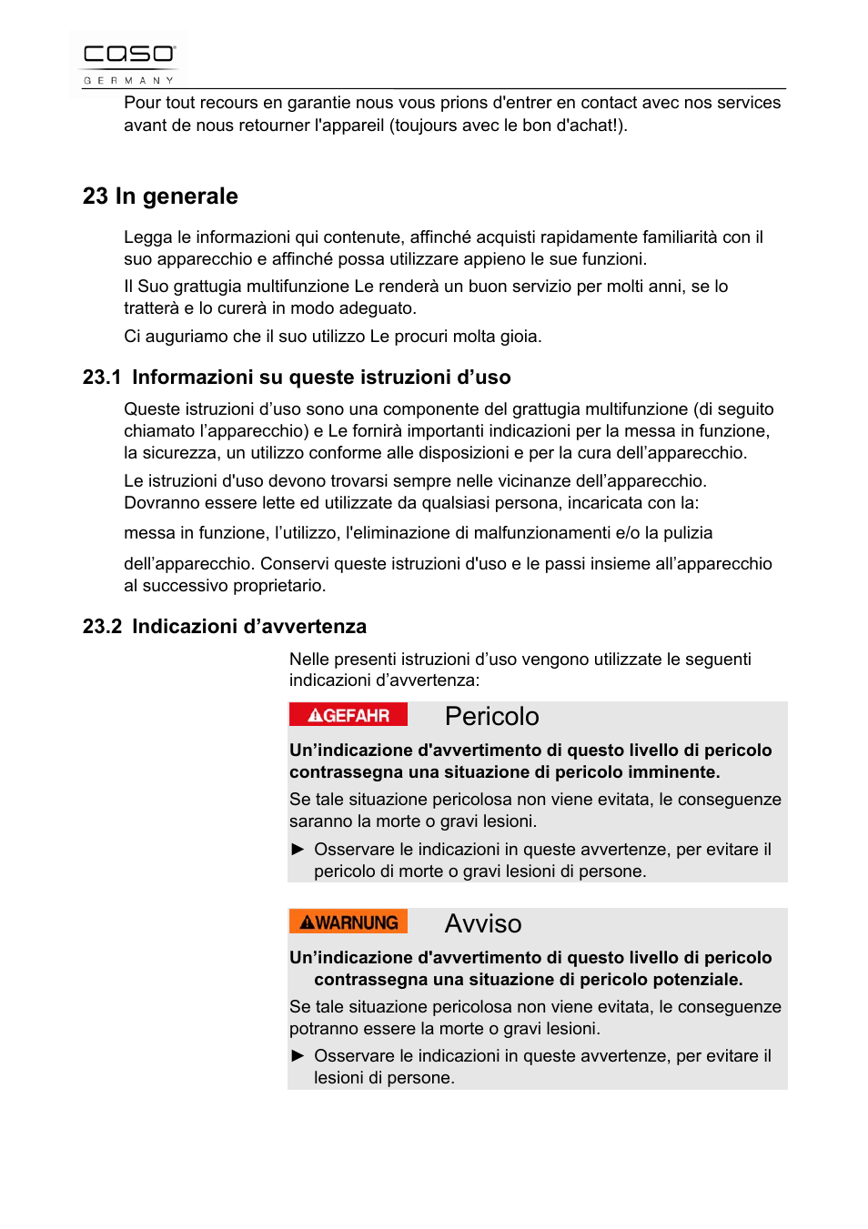 Pericolo, Avviso, 23 in generale | CASO Germany Scale C5 User Manual | Page 29 / 47