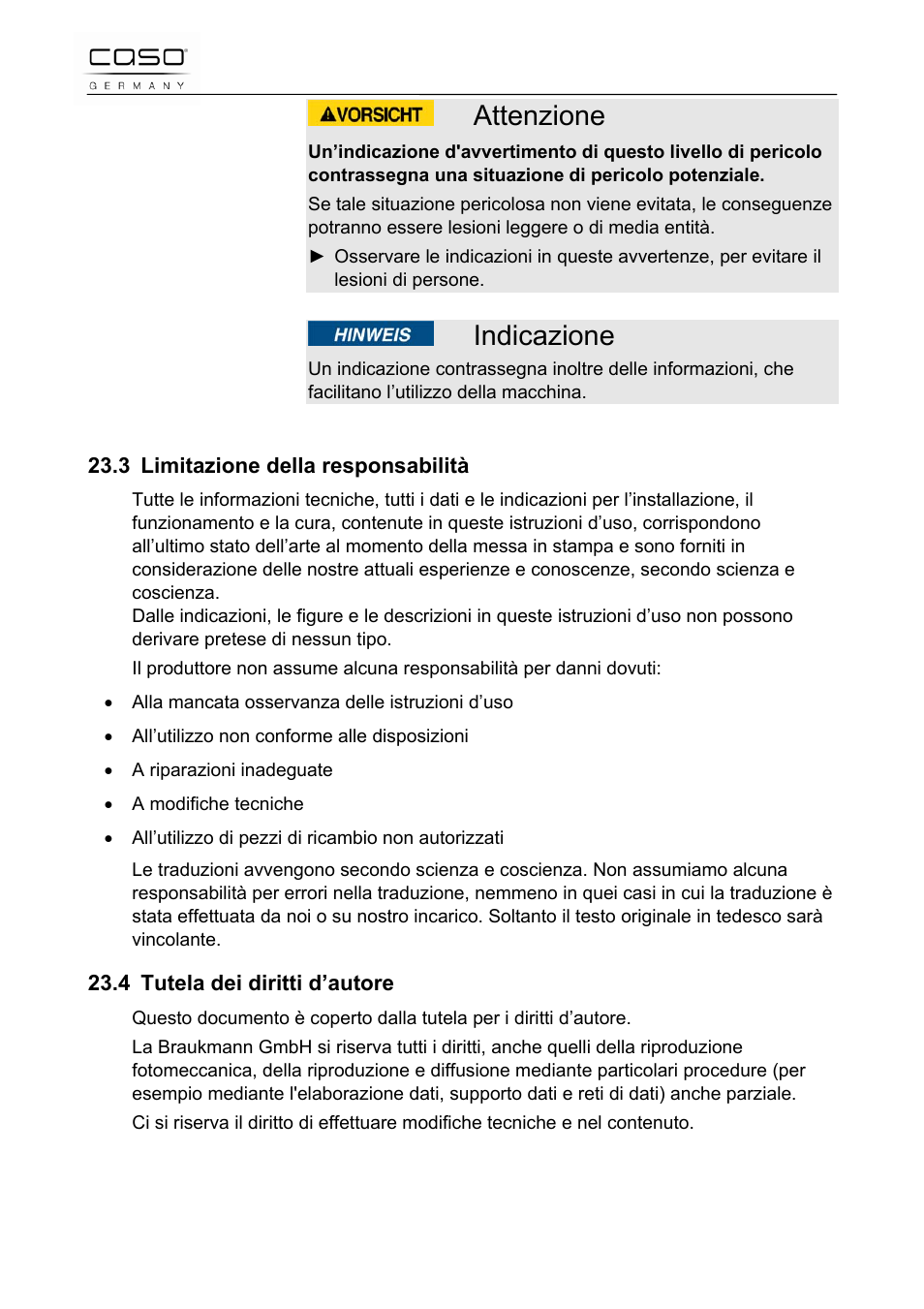 Attenzione, Indicazione | CASO Germany Scale C5 User Manual | Page 30 / 47