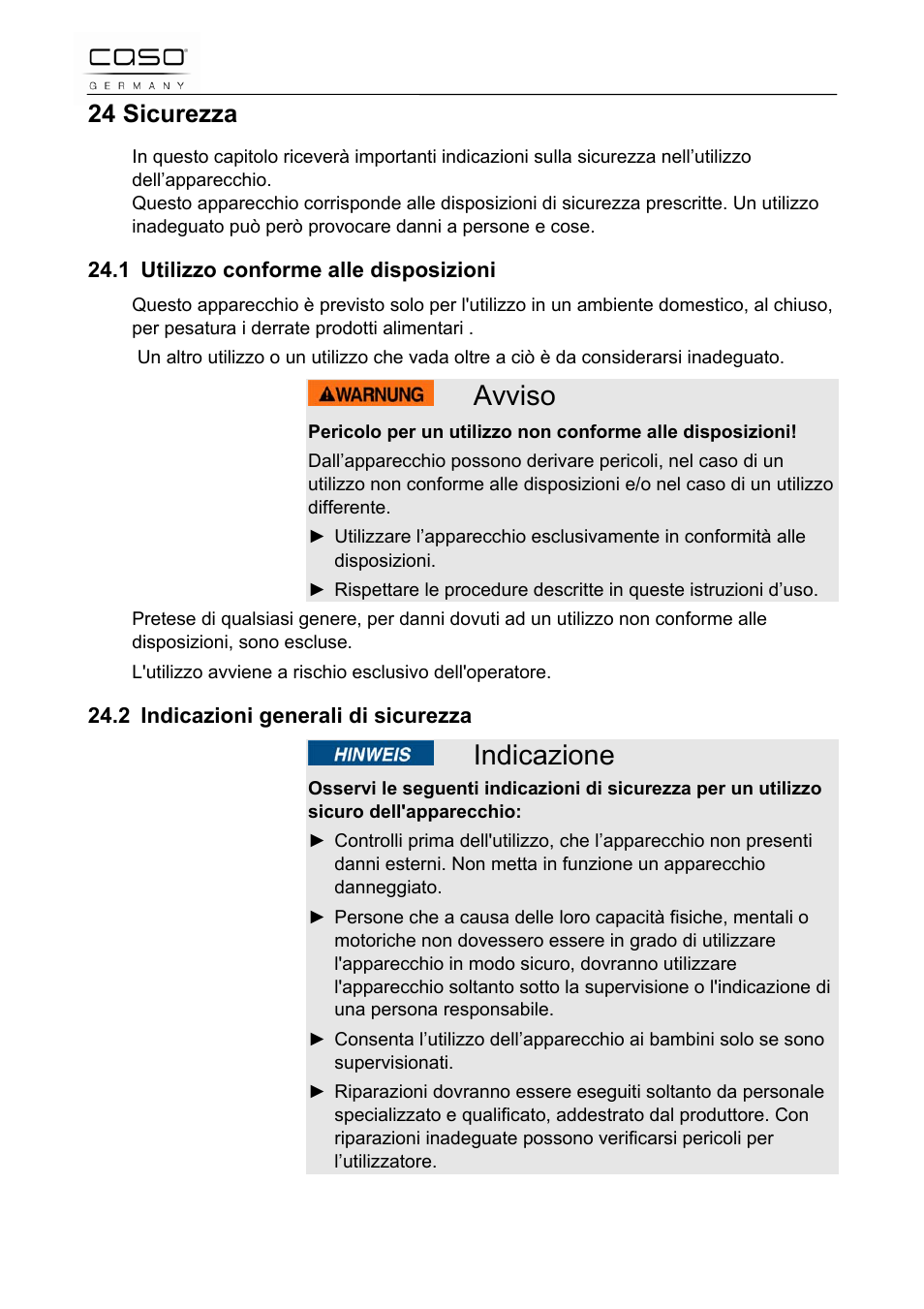 Avviso, Indicazione, 24 sicurezza | CASO Germany Scale C5 User Manual | Page 31 / 47