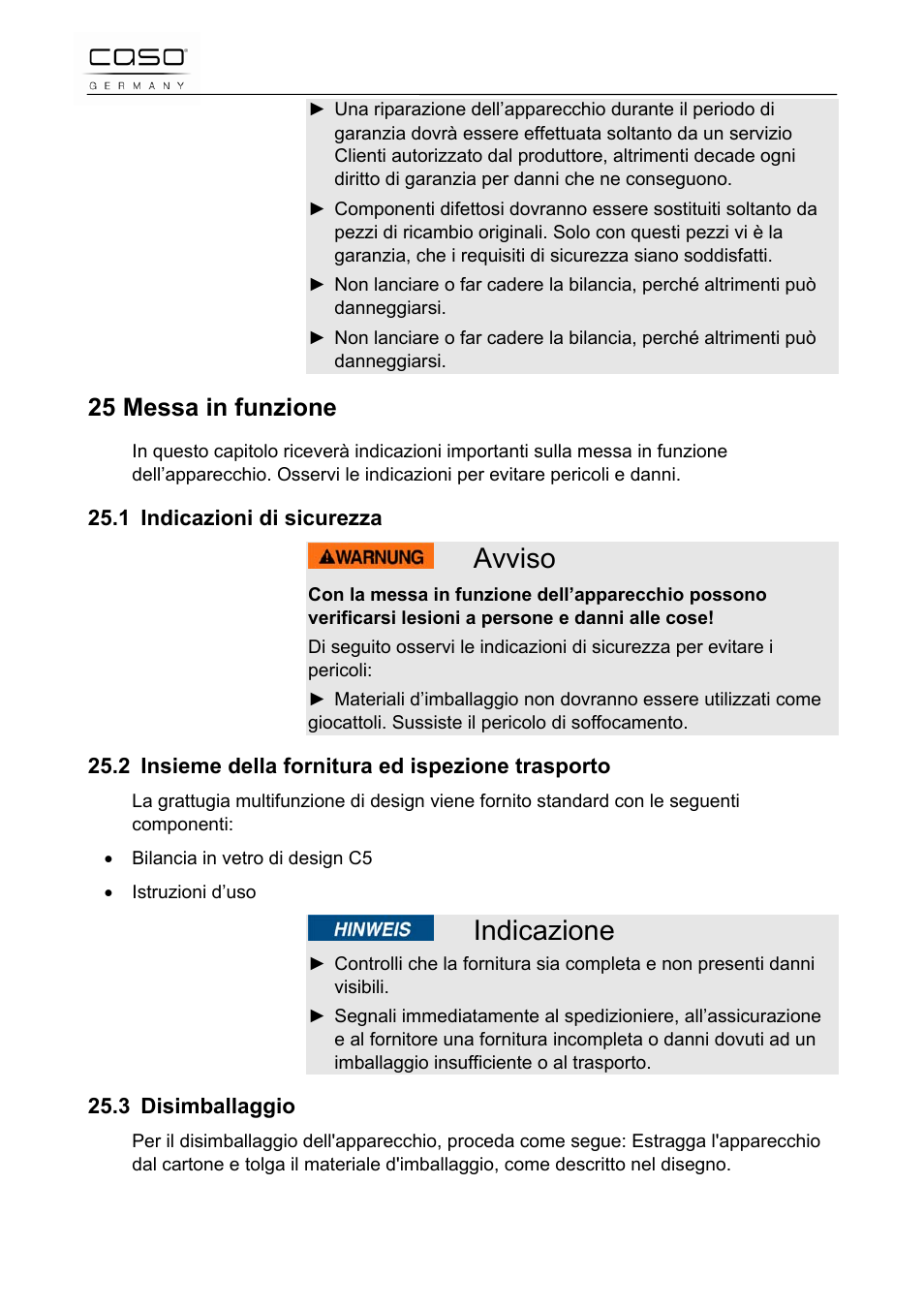 Avviso, Indicazione, 25 messa in funzione | CASO Germany Scale C5 User Manual | Page 32 / 47