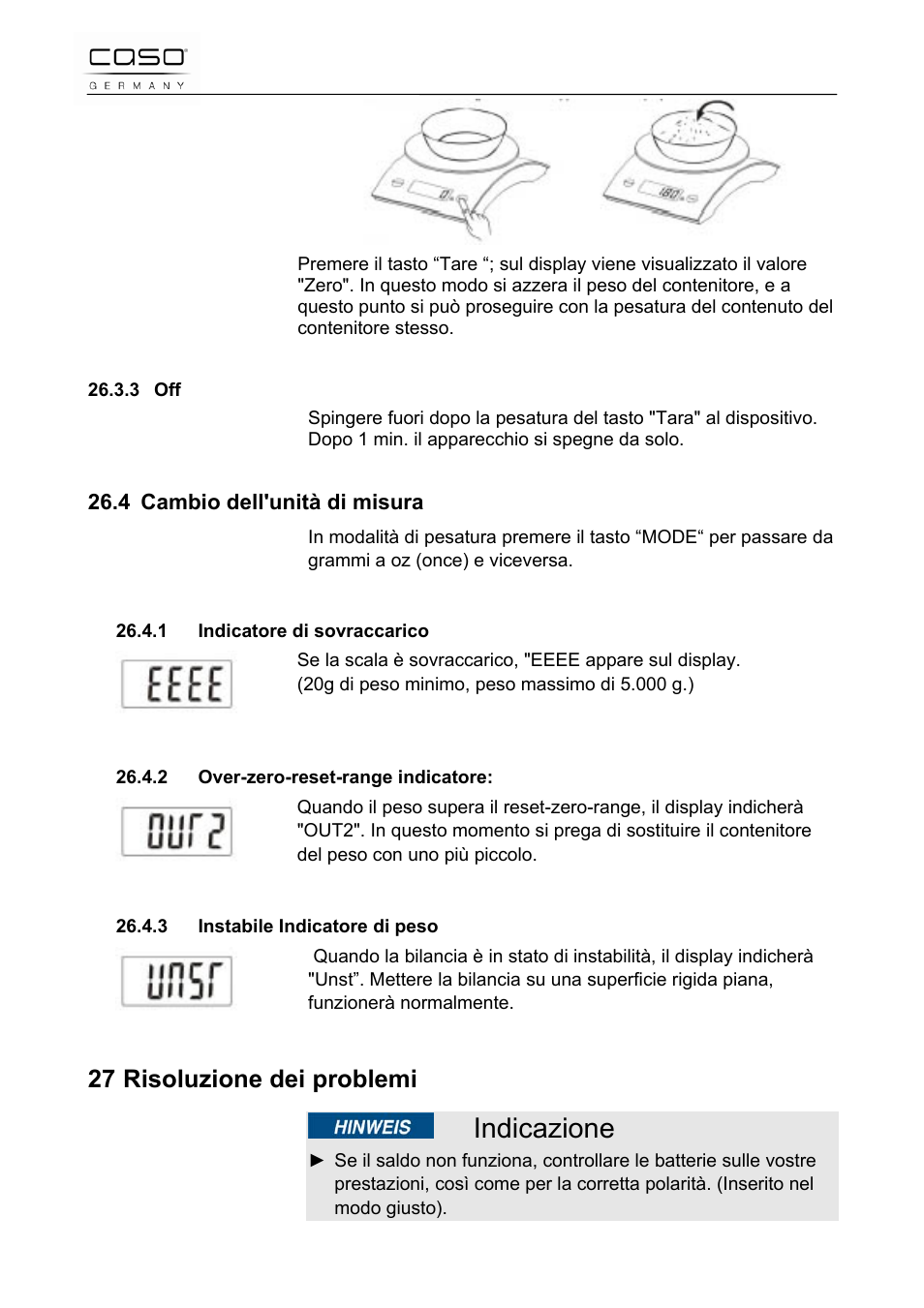 Indicazione, 27 risoluzione dei problemi | CASO Germany Scale C5 User Manual | Page 35 / 47
