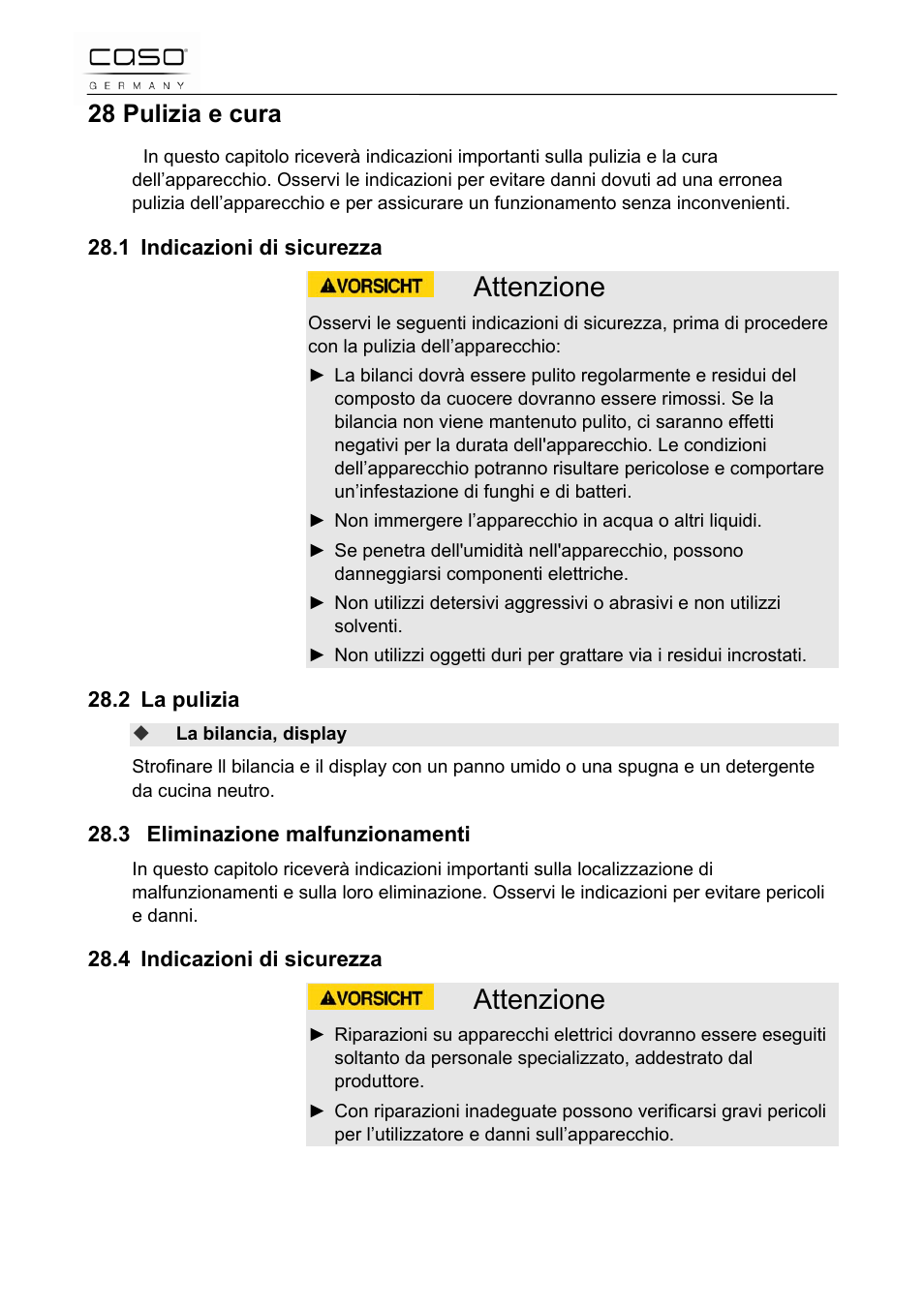 Attenzione, 28 pulizia e cura | CASO Germany Scale C5 User Manual | Page 36 / 47