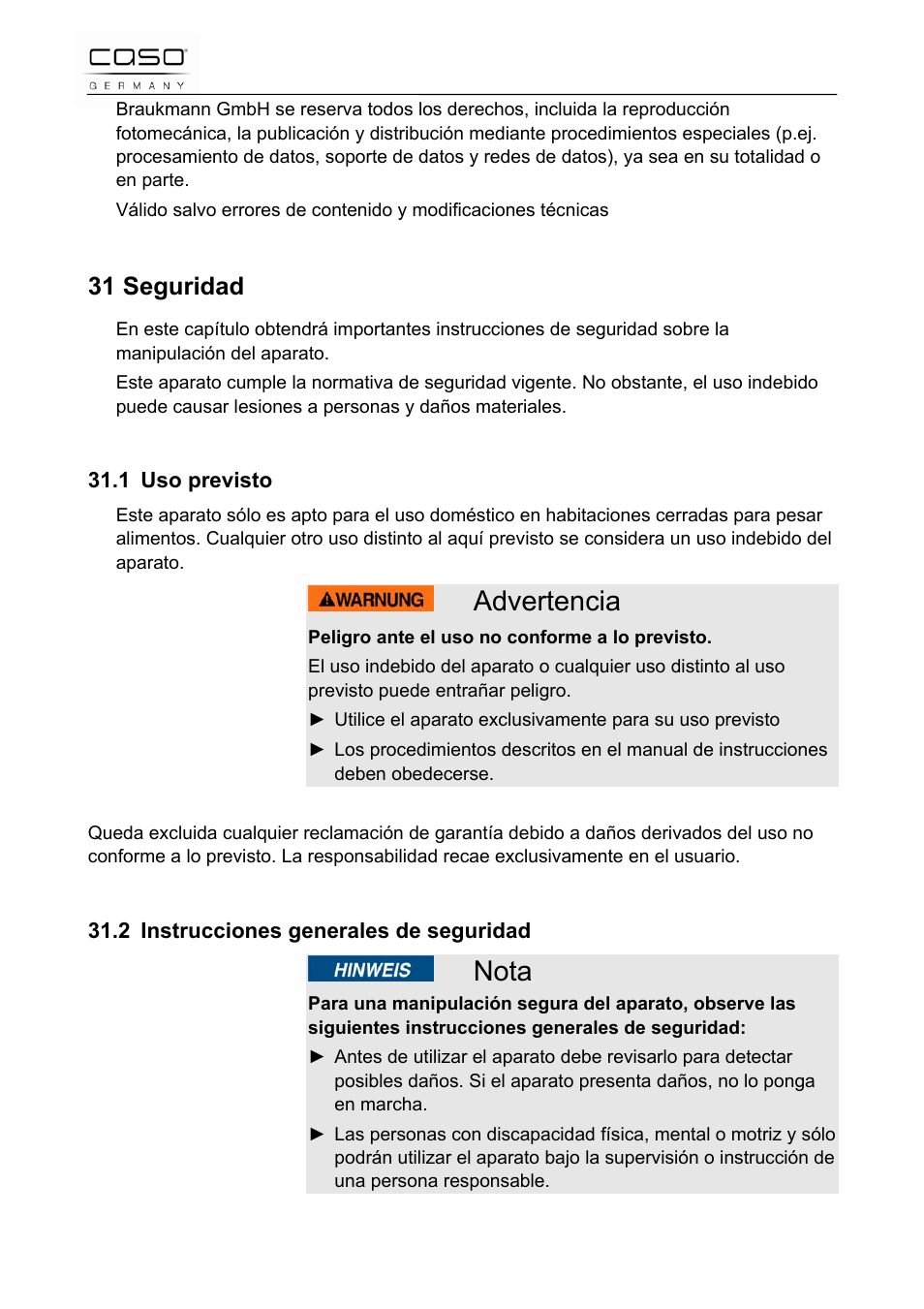 Advertencia, Nota, 31 seguridad | CASO Germany Scale C5 User Manual | Page 40 / 47