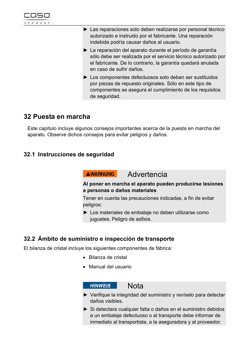 Advertencia, Nota, 32 puesta en marcha | CASO Germany Scale C5 User Manual | Page 41 / 47