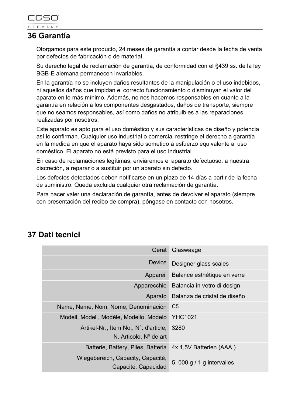 36 garantía, 37 dati tecnici | CASO Germany Scale C5 User Manual | Page 46 / 47