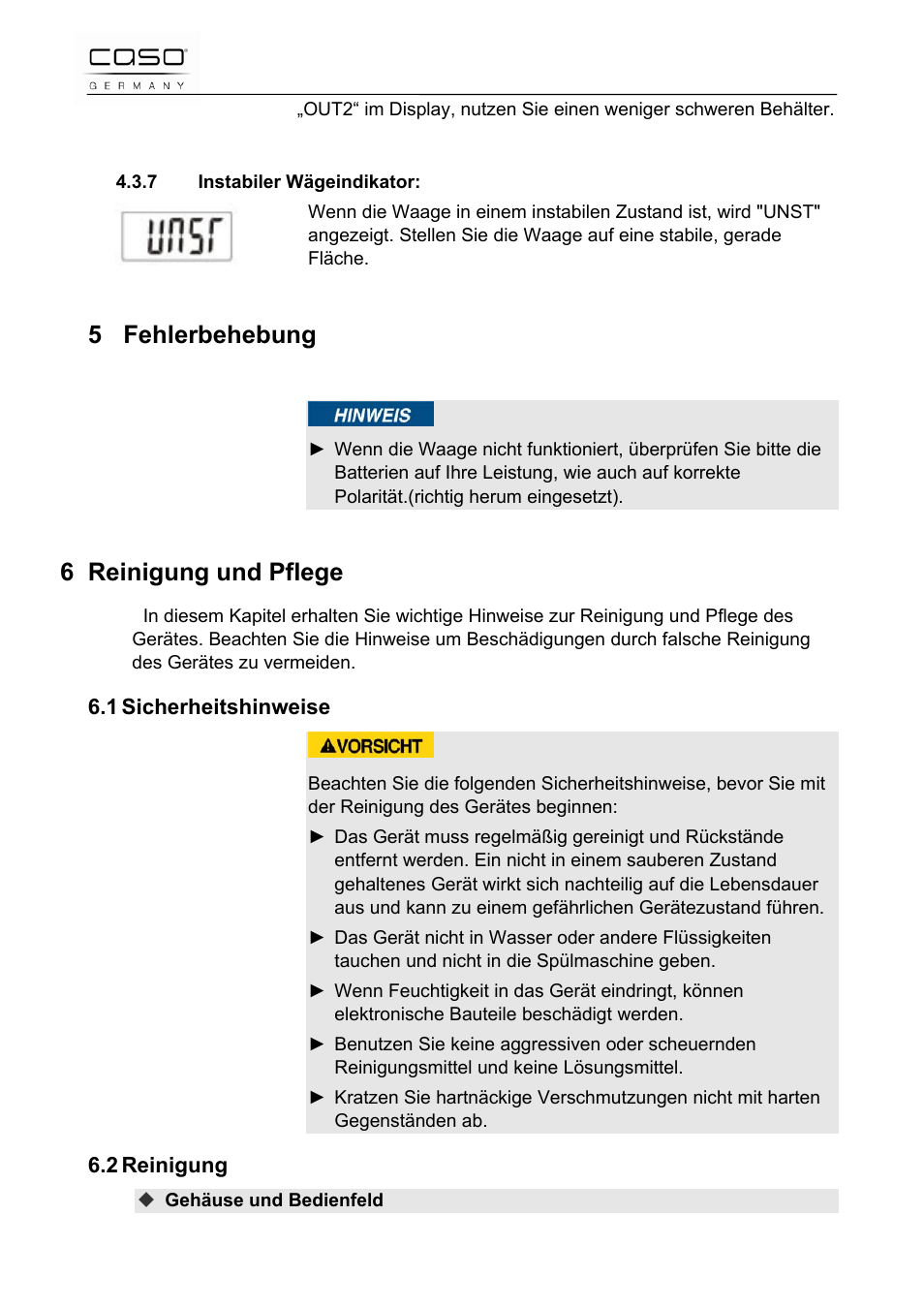 5 fehlerbehebung, 6 reinigung und pflege | CASO Germany Scale C5 User Manual | Page 9 / 47
