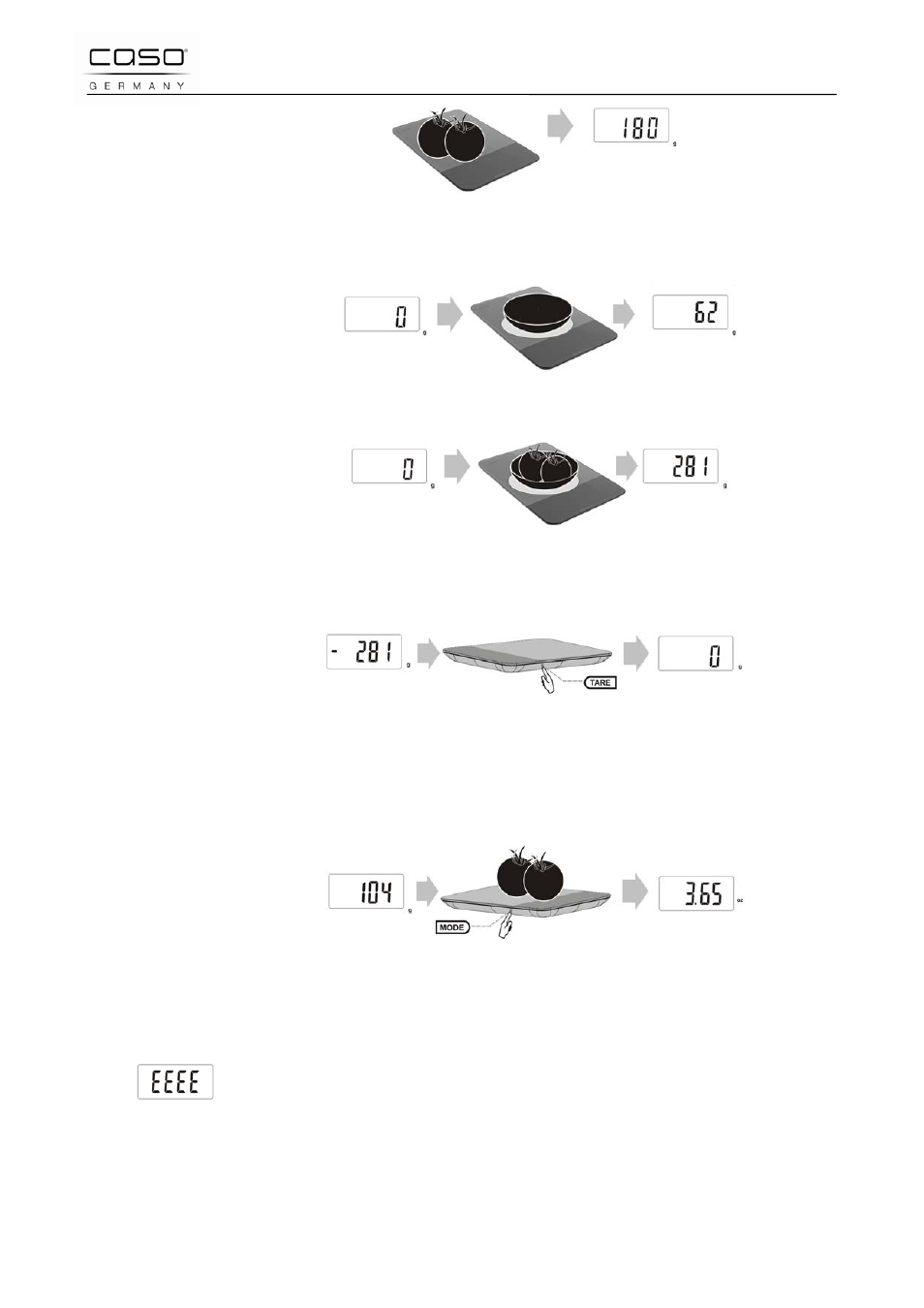 4 funzione tara, 5 cambio dell'unità di misura, 6 indicatore di sovraccarico | CASO Germany Scale F10 User Manual | Page 36 / 60