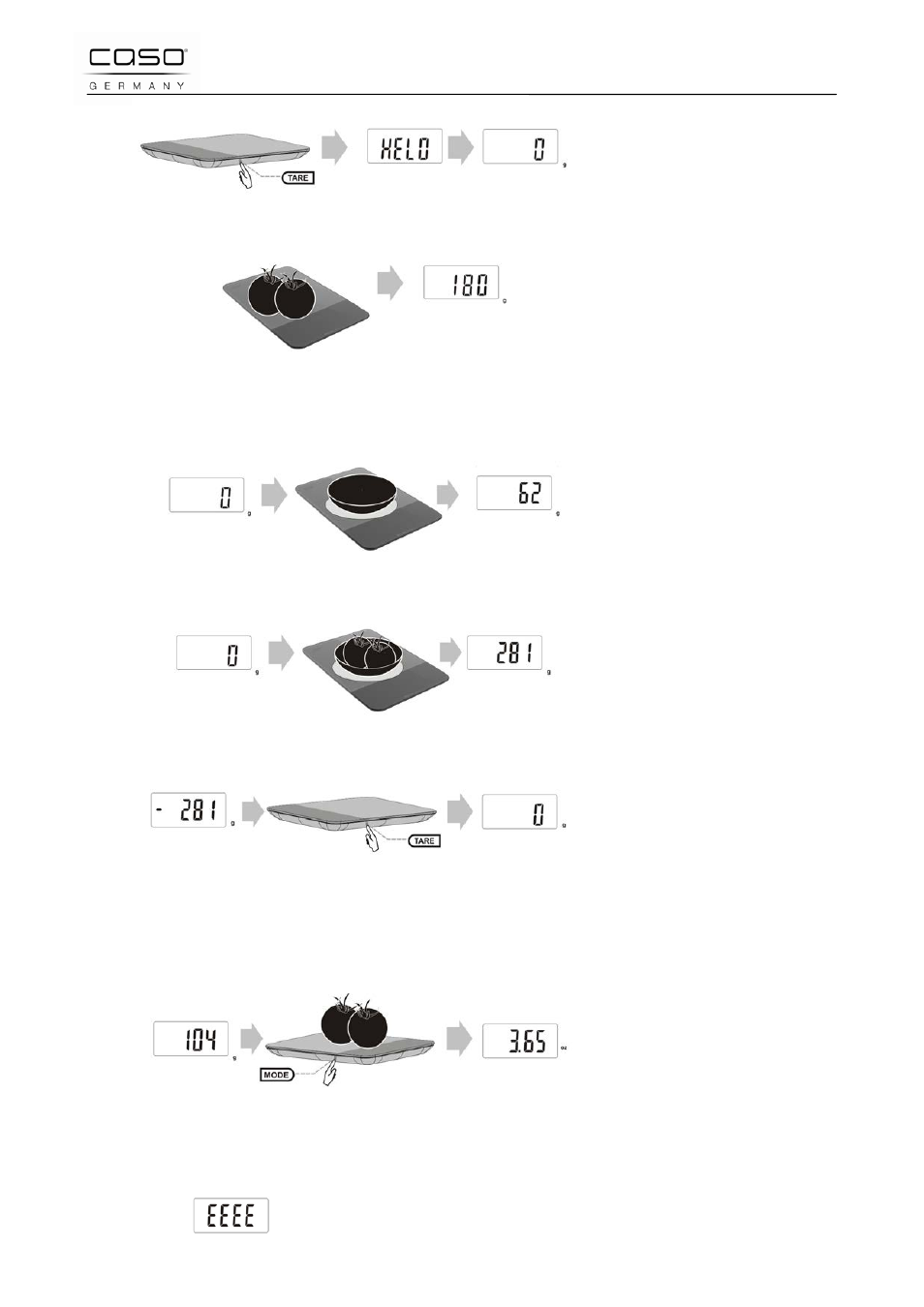2 tara, 3 cambio de la unidad de medida, 4 indicador de sobrecarga | CASO Germany Scale F10 User Manual | Page 56 / 60