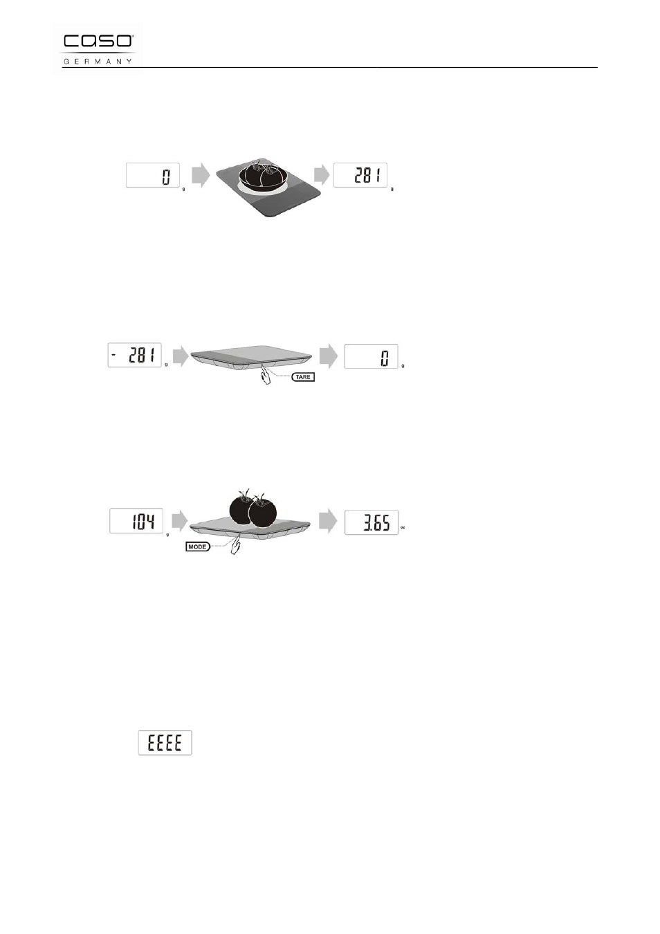 3 changing from grams to ounces, 4 over load indicator, 5 cleaning and maintenance | CASO Germany Scale F10 User Manual | Page 7 / 60