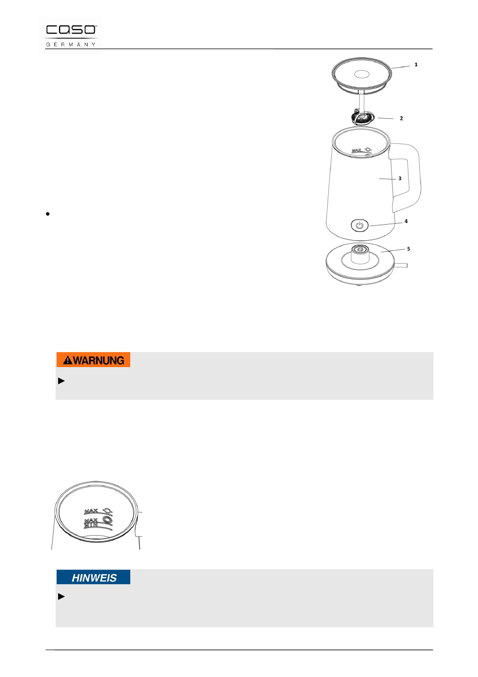 59 función, 1 vista general, 2 placa de especificaciones | 60 operación y funcionamiento, 1 operación, Advertencia | CASO Germany Fomini JET Milk Frother User Manual | Page 69 / 86