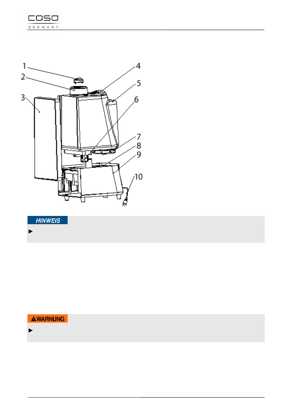 24 structure et fonctionnement, 1 vue d'ensemble, 2 dispositifs de sécurité | 3 plaque signalétique, 25 commande et fonctionnement, 1 remplissage du réservoir d'eau, Remarque, Attention | CASO Germany AirVital User Manual | Page 46 / 97
