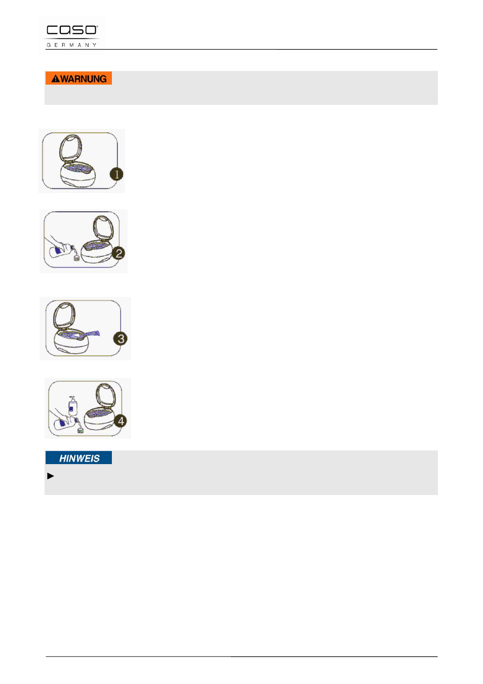 5 diferentes opciones de limpieza, 1 limpieza general, 2 limpieza intensiva | 3 limpieza parcial, 4 limpieza global, 42 limpieza y conservación, Advertencia, Nota | CASO Germany UltraSonicClean Disc User Manual | Page 78 / 96