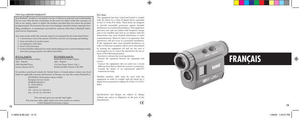 Français | Bushnell IMAGEVIEW Nov-00 User Manual | Page 8 / 39