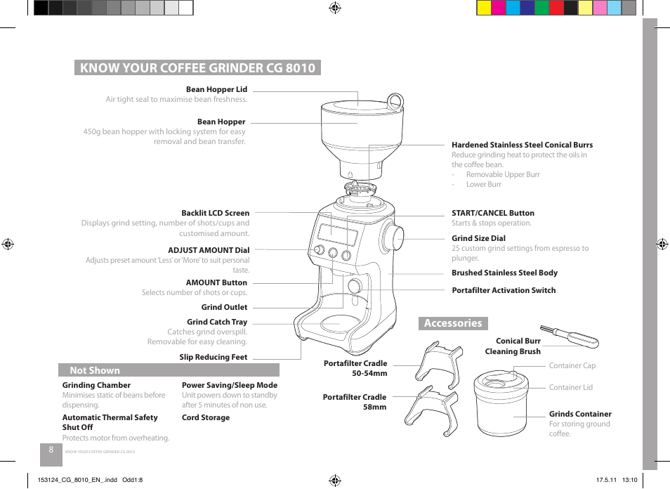 Know your coffee grinder cg 8010, Accessories | Catler CG 8010 User Manual | Page 8 / 20