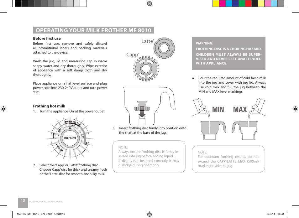 Min max, Operating your milk frother mf 8010, Capp’ ‘latté | Catler MF 8010 User Manual | Page 10 / 20