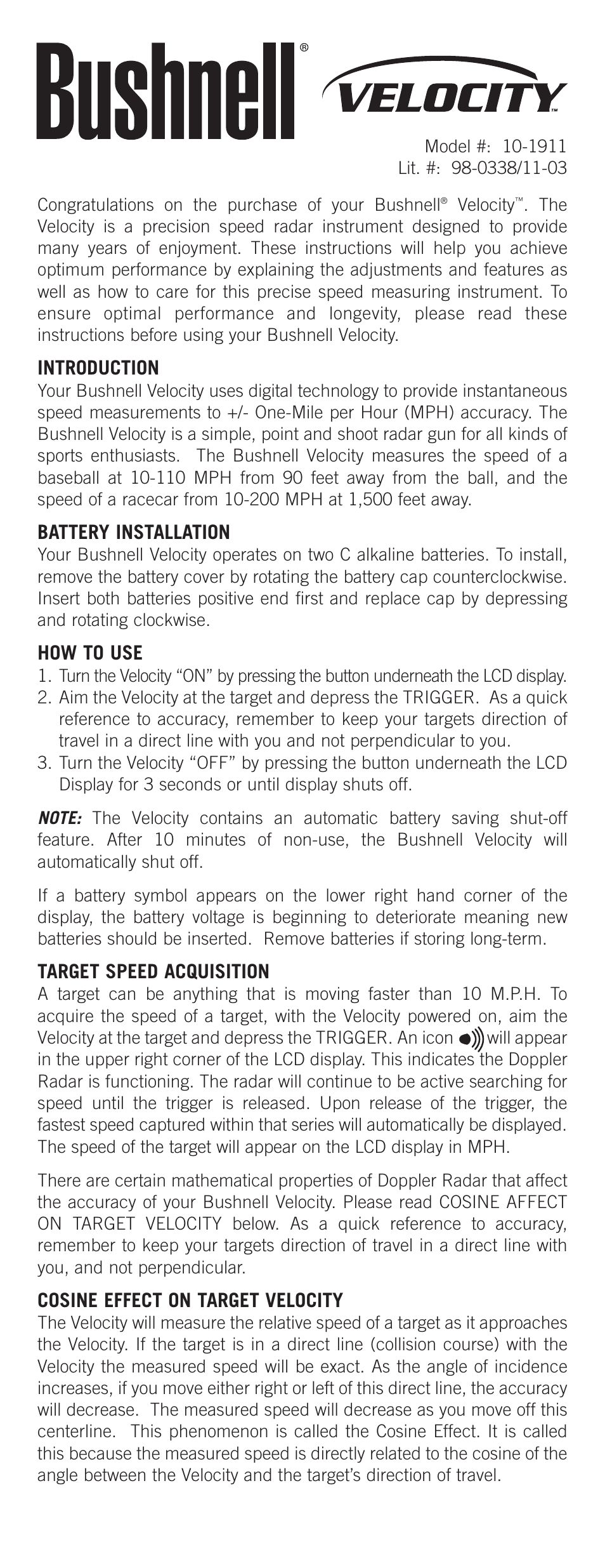 Bushnell 10-1911 User Manual | 2 pages