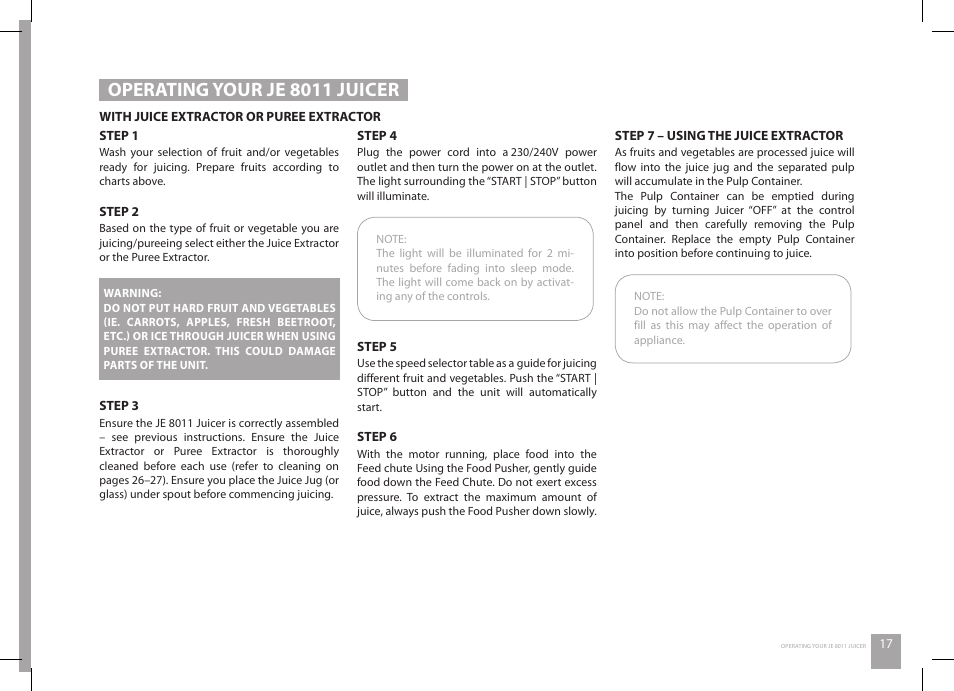 Operating your je 8011 juicer | Catler JE 8011 User Manual | Page 17 / 52