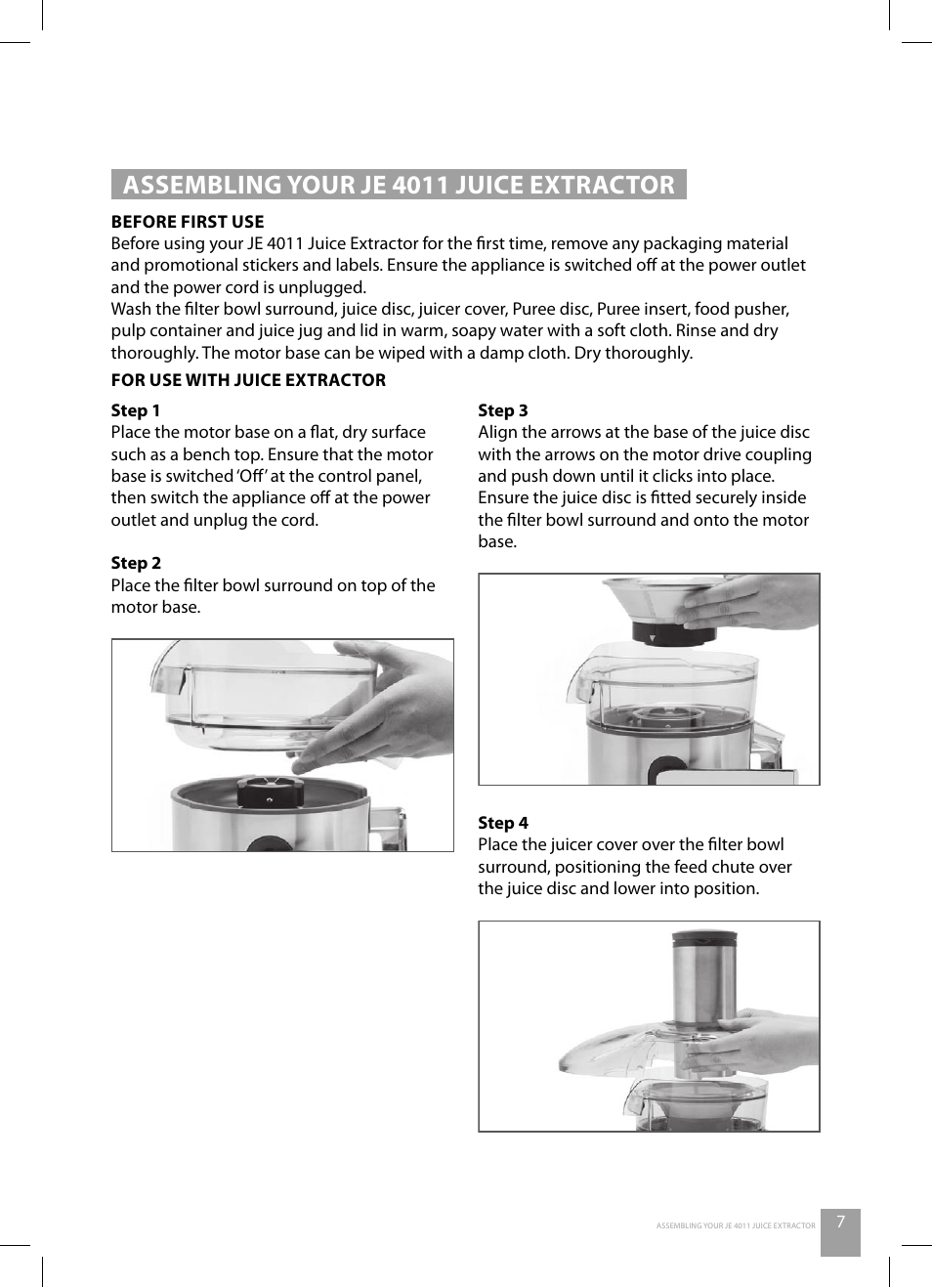 Assembling your je 4011 juice extractor | Catler JE 4011 User Manual | Page 9 / 40
