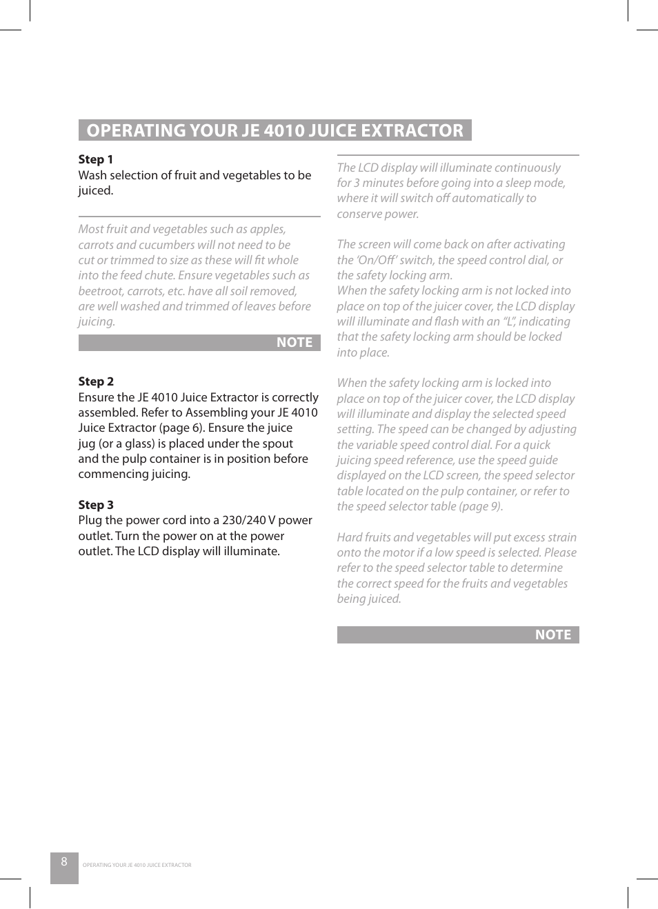 Operating your je 4010 juice extractor | Catler JE 4010 User Manual | Page 10 / 36