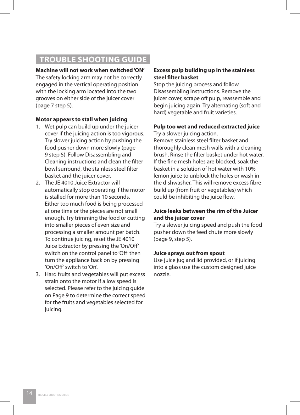 Trouble shooting guide | Catler JE 4010 User Manual | Page 16 / 36