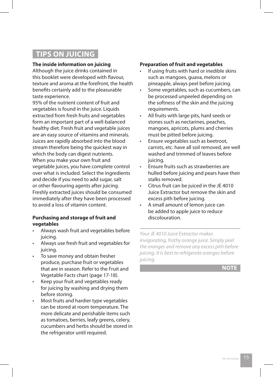 Tips on juicing | Catler JE 4010 User Manual | Page 17 / 36