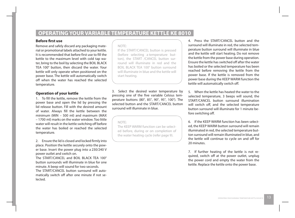 Operating your variable temperature kettle ke 8010 | Catler KE 8010 User Manual | Page 13 / 20