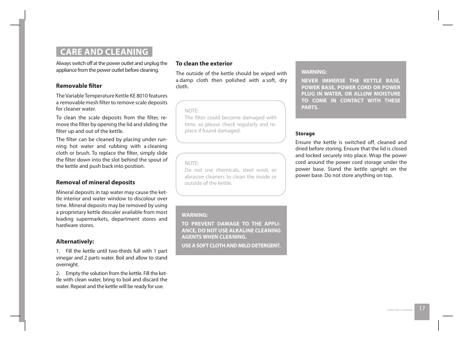 Care and cleaning | Catler KE 8010 User Manual | Page 17 / 20