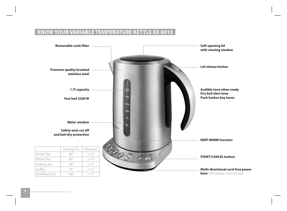 Know your variable temperature kettle ke 8010 | Catler KE 8010 User Manual | Page 8 / 20