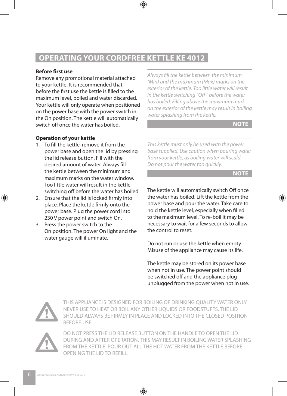 Operating your cordfree kettle ke 4012 | Catler KE 4012 User Manual | Page 8 / 12