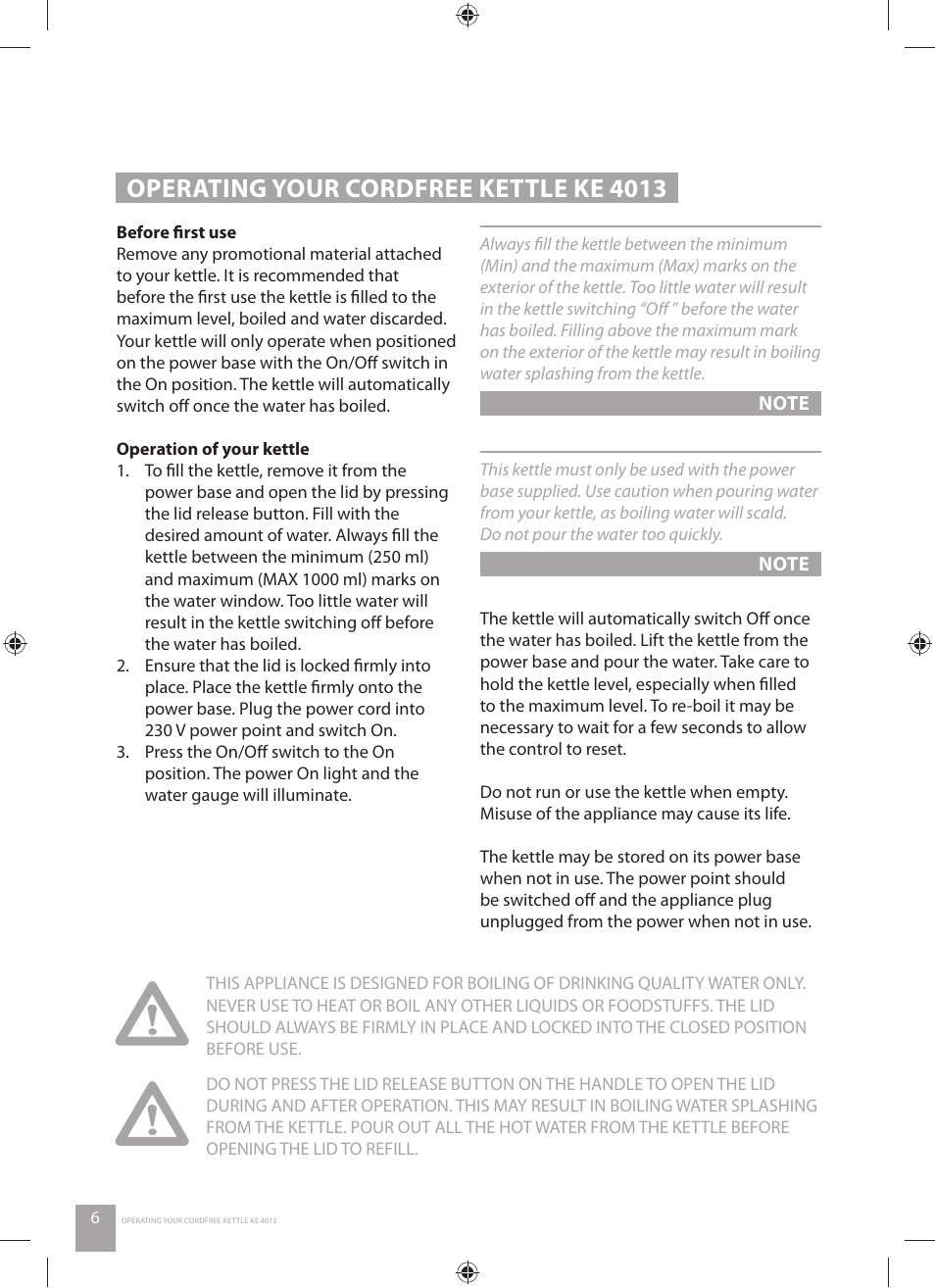 Operating your cordfree kettle ke 4013 | Catler KE 4013 User Manual | Page 8 / 12