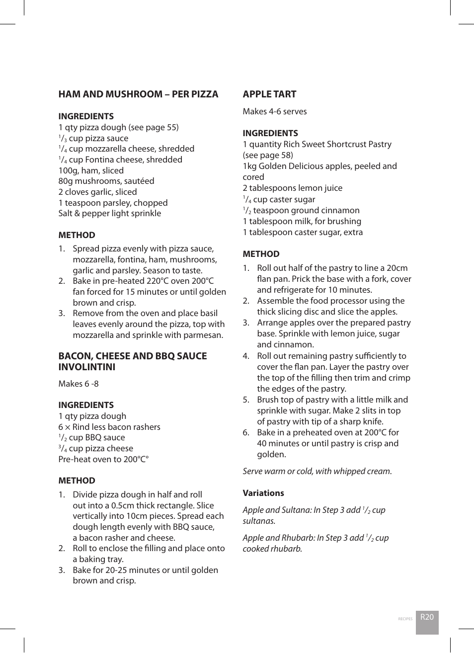 Ham and mushroom – per pizza, Bacon, cheese and bbq sauce involintini, Apple tart | Catler FP 8010 User Manual | Page 55 / 64