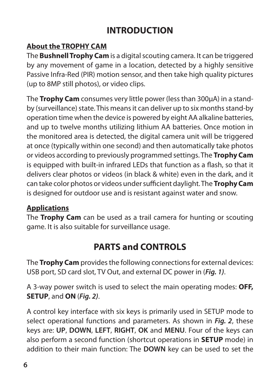 Introduction, Parts and controls | Bushnell TROPHY CAM 119425C2 User Manual | Page 6 / 36