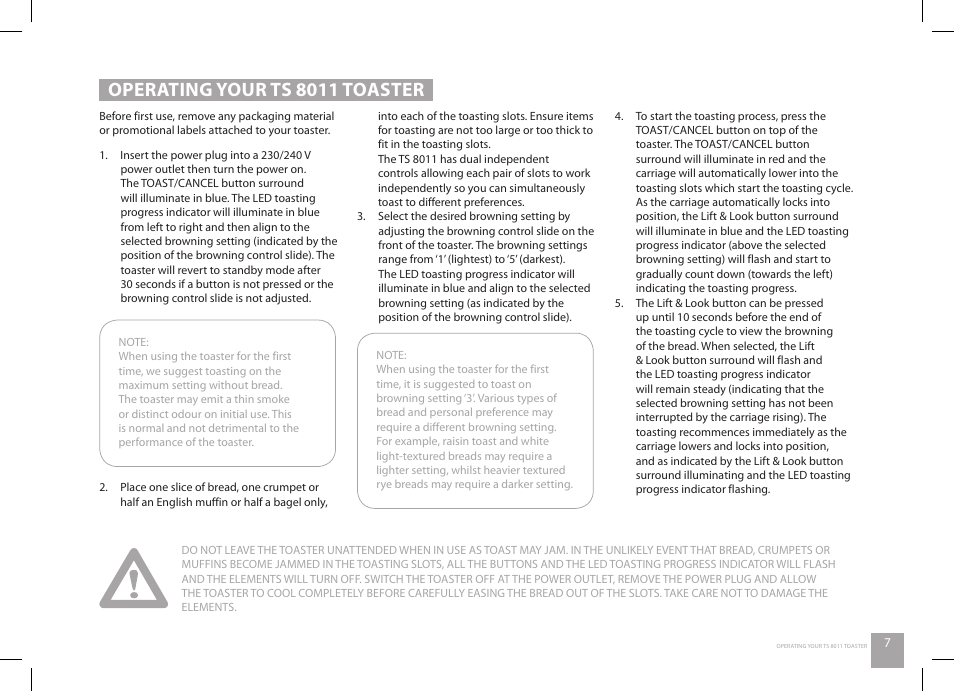 Operating your ts 8011 toaster | Catler TS 8011 User Manual | Page 9 / 16