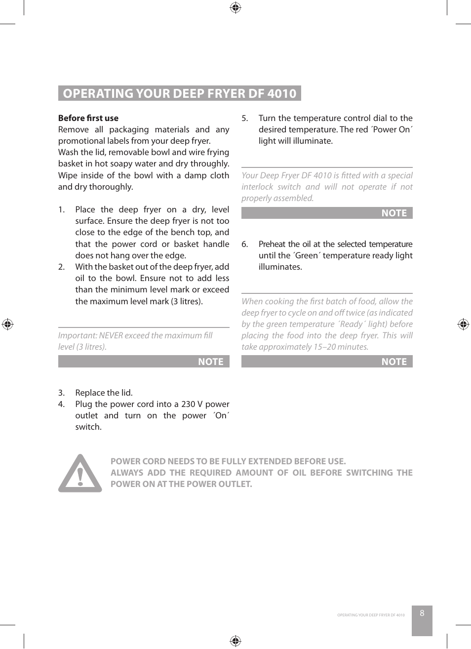 Operating your deep fryer df 4010 | Catler DF 4010 User Manual | Page 9 / 32